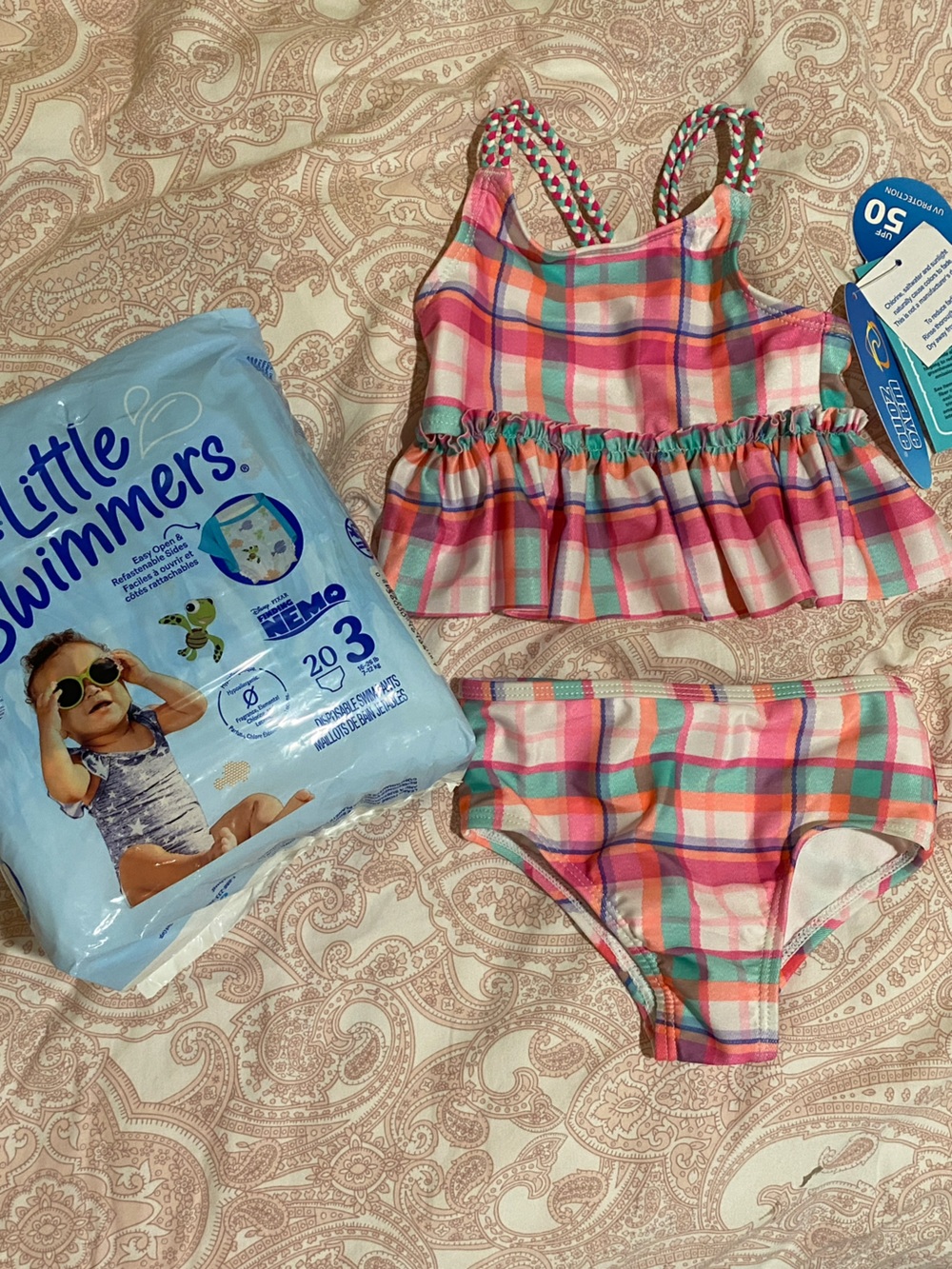 Baby Girls Swim Set - Pink Turquoise Plaid 2 Piece & Swim Diapers- 18 month